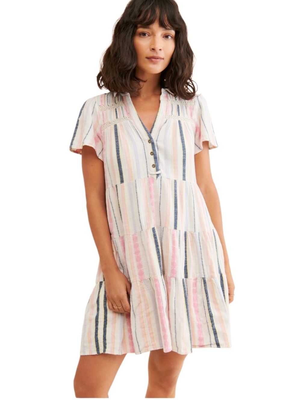 Anthropologie Georgina Striped Tiered Cotton Shirt Sundress Lace Trim Ruffle S